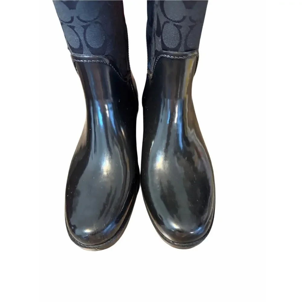 Coach Tristee Black Signature Rubber Rain Boots Back Lace Up size 10 Lined